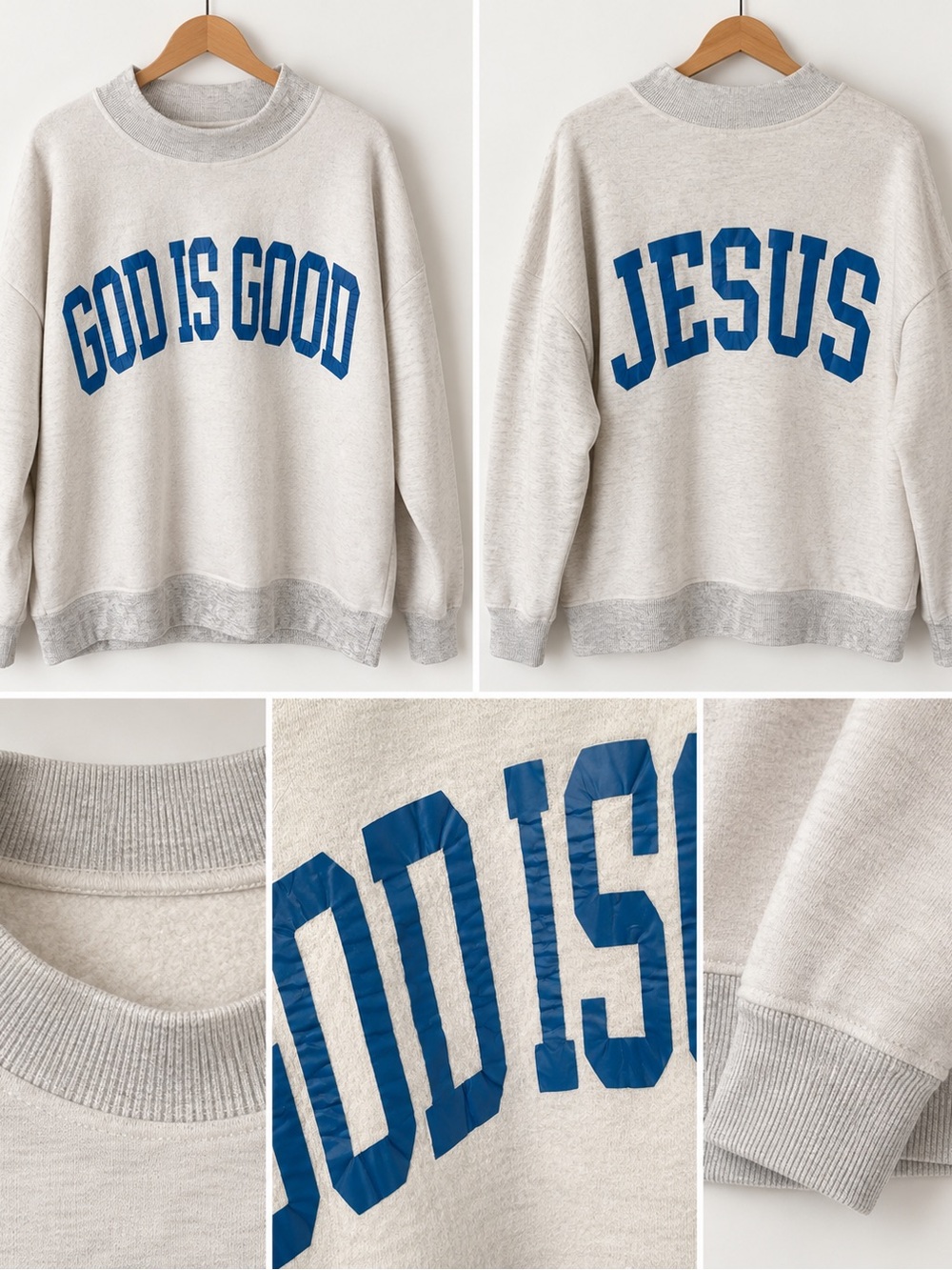 Reversible Crewneck Sweatshirt with Blue 'God Is Good / Jesus' Lettering